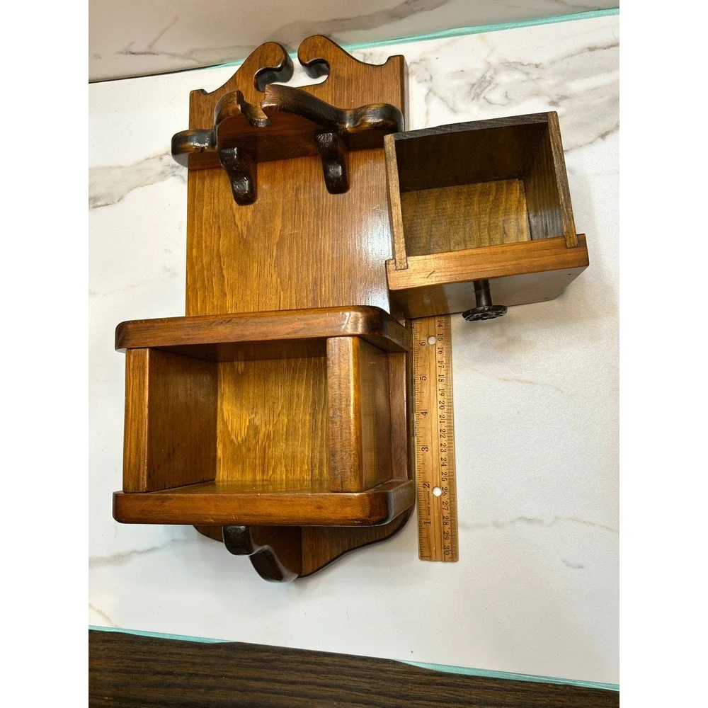 Vintage Wood Wall Mount Organizer Shelf Drawer Hooks Colonial Farmhouse Decor
